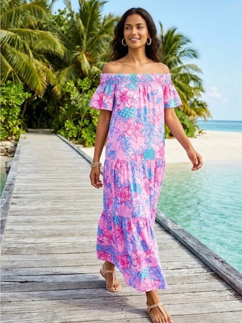 New Lilly Pulitzer Dezi Maxi Dress in Blue & Pink Large Cotton